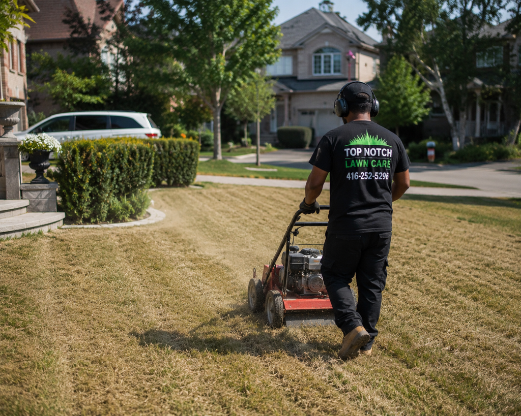Top Notch technician running a power rake across a lawn to lift matted thatch, leaving cleared lines through the grass