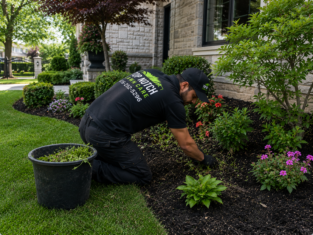 Top Notch gardener hand-tending a freshly mulched flower bed beside a manicured lawn