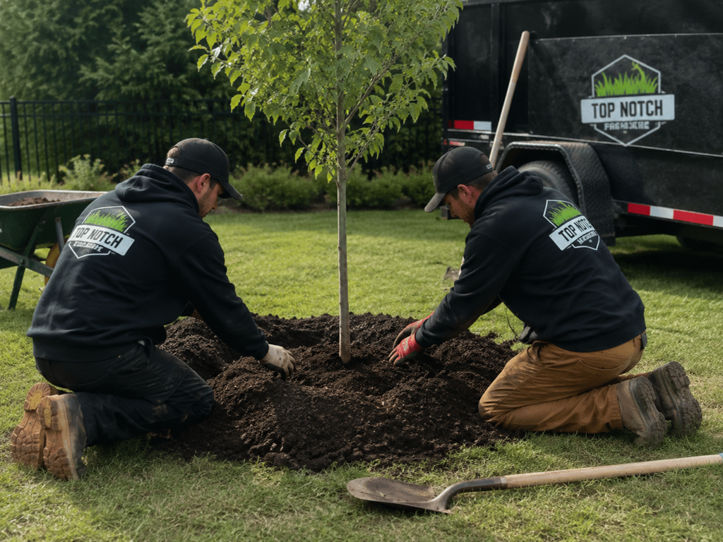 Top Notch crew planting a young tree, kneeling to backfill the root ball with black loam beside a branded trailer