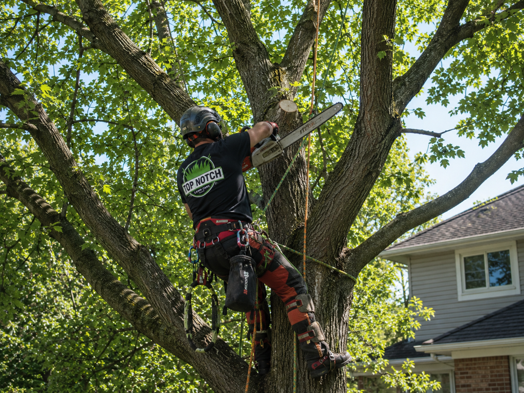 Top Notch arborist roped into a mature tree, making structural pruning cuts with a chainsaw high in the canopy