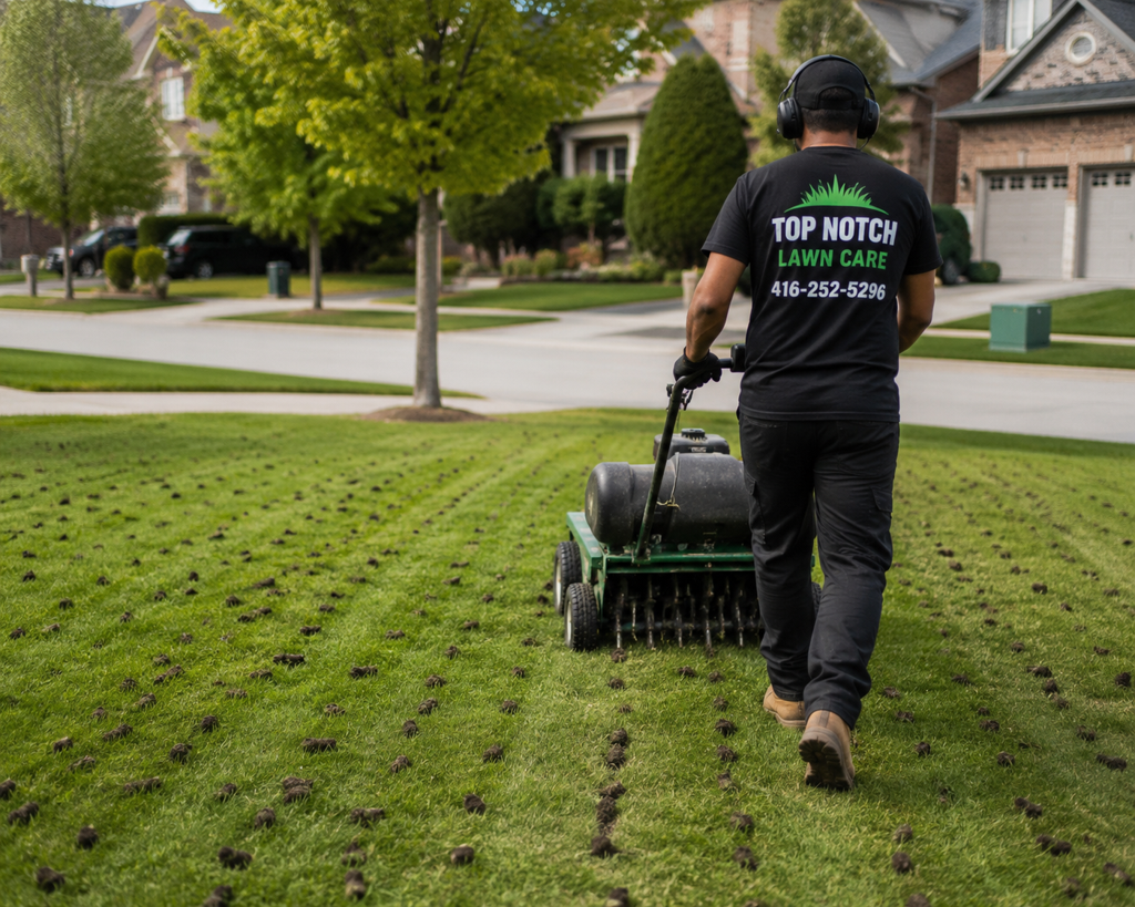 Top Notch technician running a core aerator across a green lawn, leaving soil plugs pulled across the turf