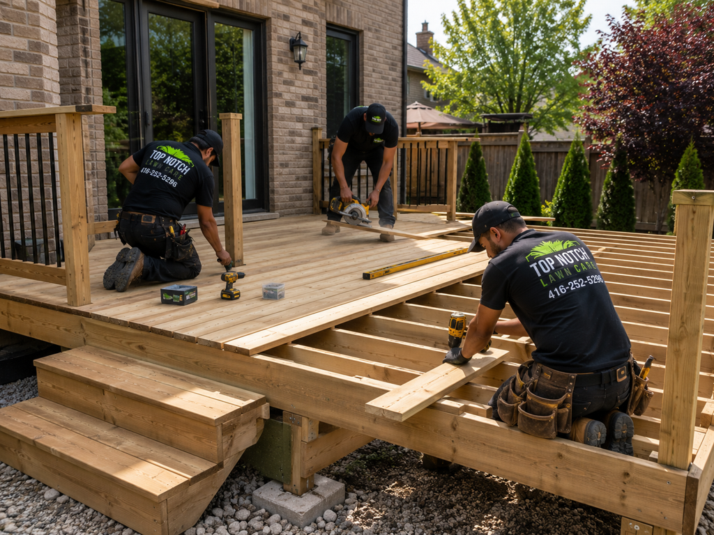 Custom multi-level cedar backyard deck under construction