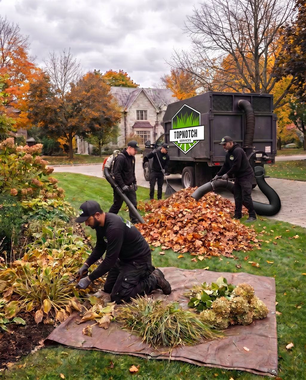Top Notch crew in black logo uniforms doing a fall cleanup: one vacuums a large leaf pile into the logo-branded enclosed leaf-vacuum truck, another blows and rakes leaves, and a third cuts back the garden bed