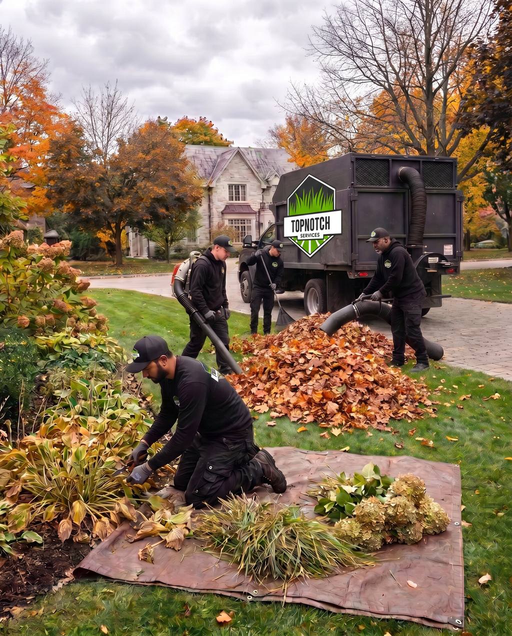 Four-person Top Notch crew in branded uniforms on a fall cleanup at a Toronto estate home: cutting back and deadheading garden beds, blowing and raking leaves, and vacuuming a large leaf pile into a Top Notch leaf box truck