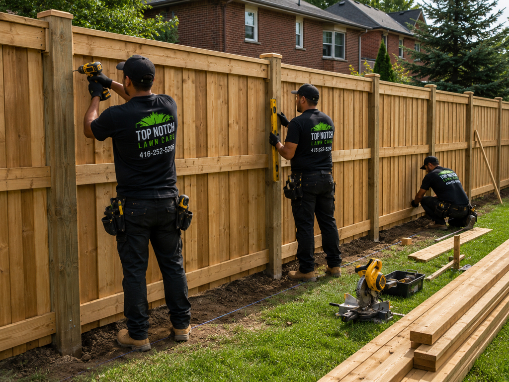 New cedar privacy fence installed on plumb, concrete-set posts