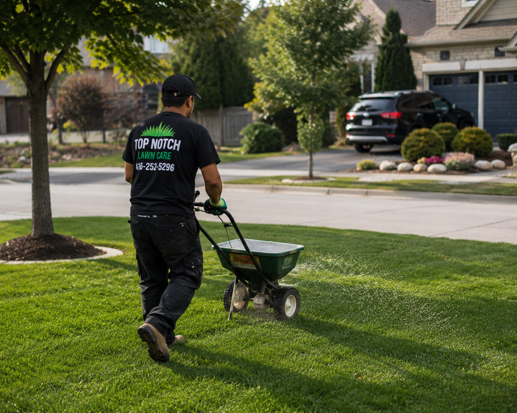 Top Notch technician pushing a broadcast spreader to apply granular fertilizer and weed control across a lush green lawn