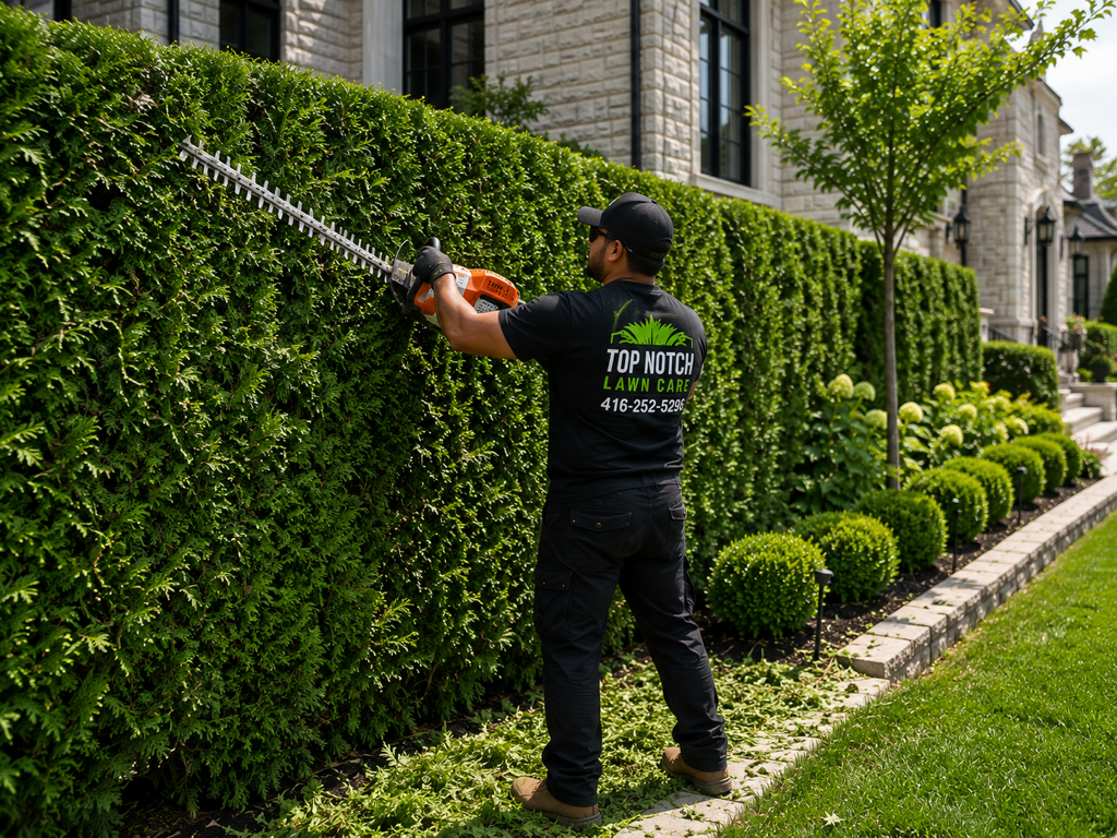 Tall cedar hedge being shaped with a powered trimmer along an estate border