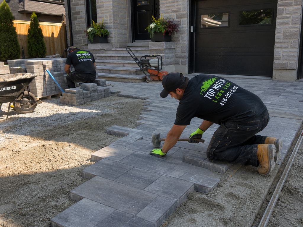 New interlocking stone driveway and walkway being laid over a compacted base