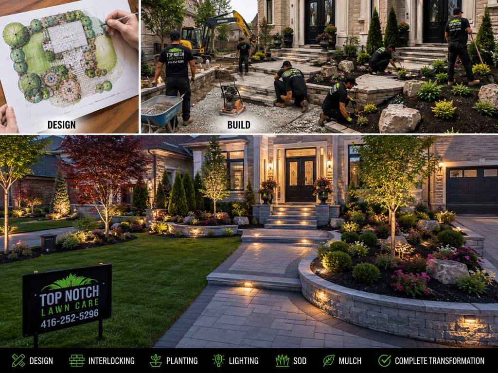 Top Notch design-build transformation from plan to a finished, illuminated front-yard landscape at dusk