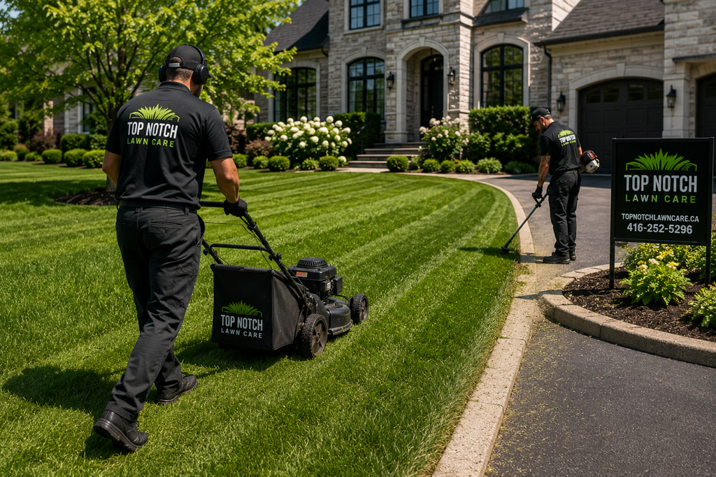 Striped emerald lawn freshly mowed and trimmed in front of a luxury home