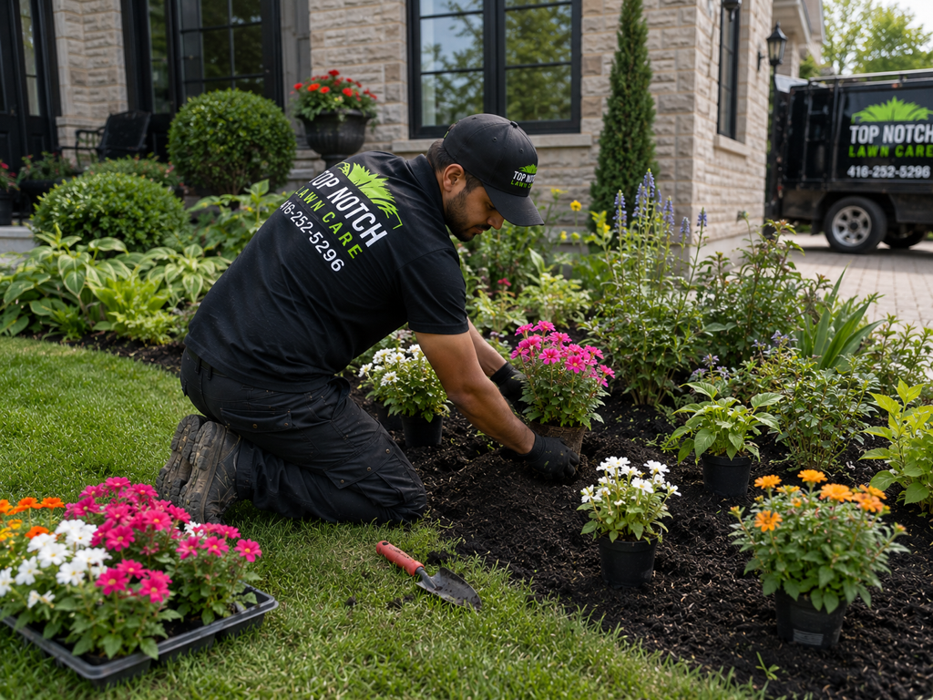 Colourful annuals being installed into a freshly prepared front-garden bed