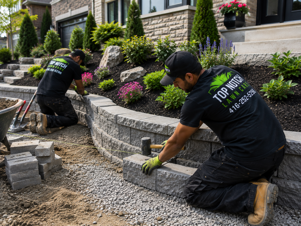 Tiered stone retaining wall with planted terraces in front of a stone home