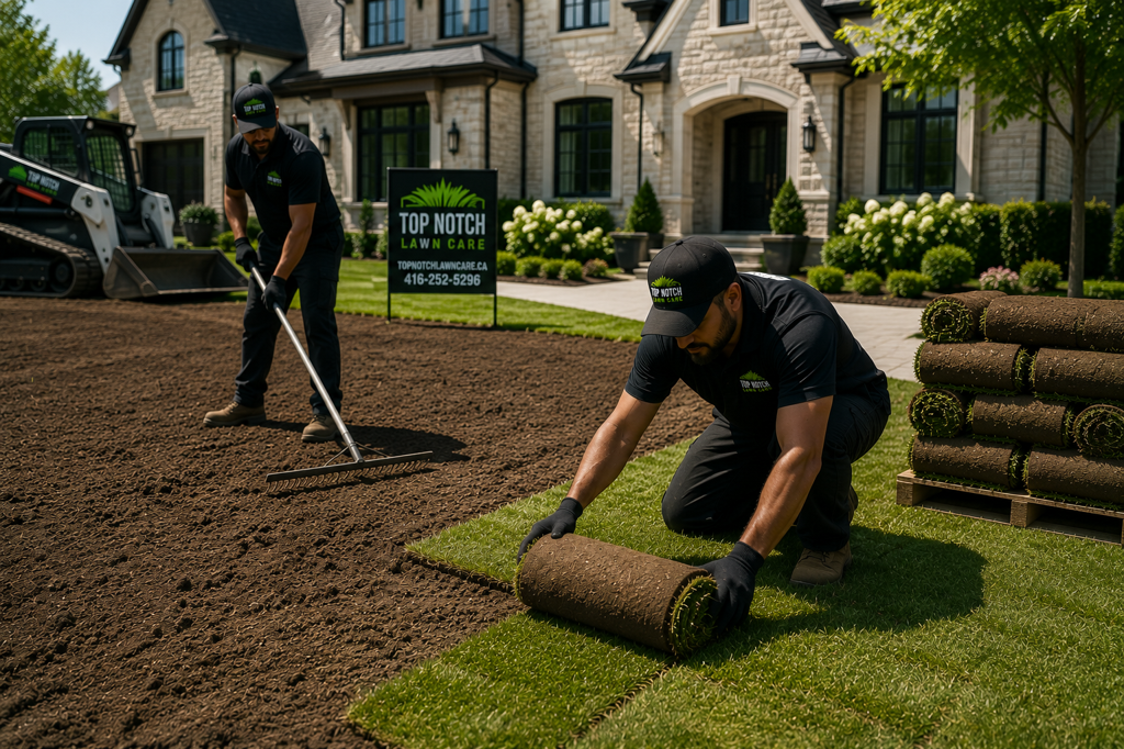 Fresh nursery sod being rolled out over a freshly graded yard