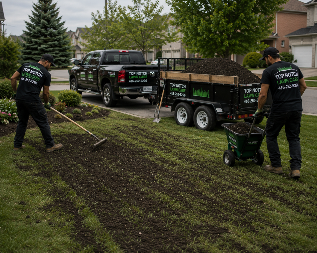 Top Notch crew top-dressing a front lawn with black loam soil and spreading grass seed, with a trailer of loam at the curb
