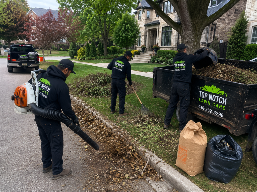 Crew blowing, raking, and hauling away leaves during a fall clean-up