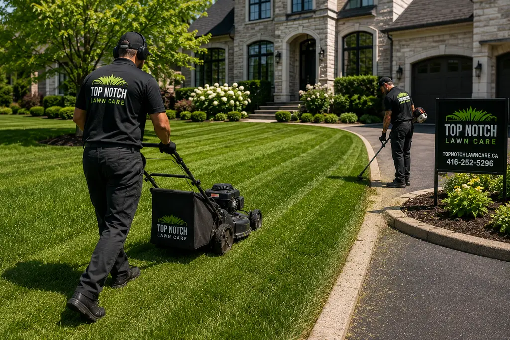 Top Notch crew mowing and trimming a striped emerald lawn in front of a luxury Toronto home